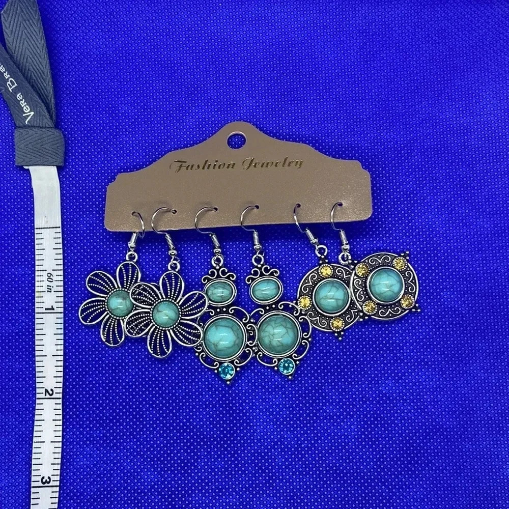 New‎ earrings 3 pair silver tone antique finish faux turquoise boho earrings - Picture 3 of 5